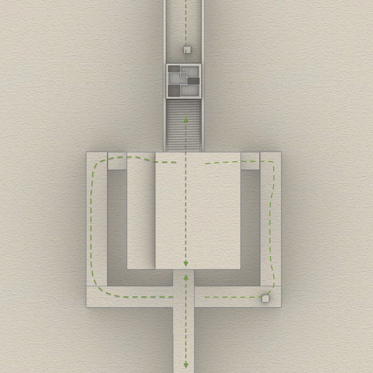 2D mockup of the pavilion visitor flow through the building. It is a square shape that allows travel around the main central room and entrace/exit from both the front and rear of the building