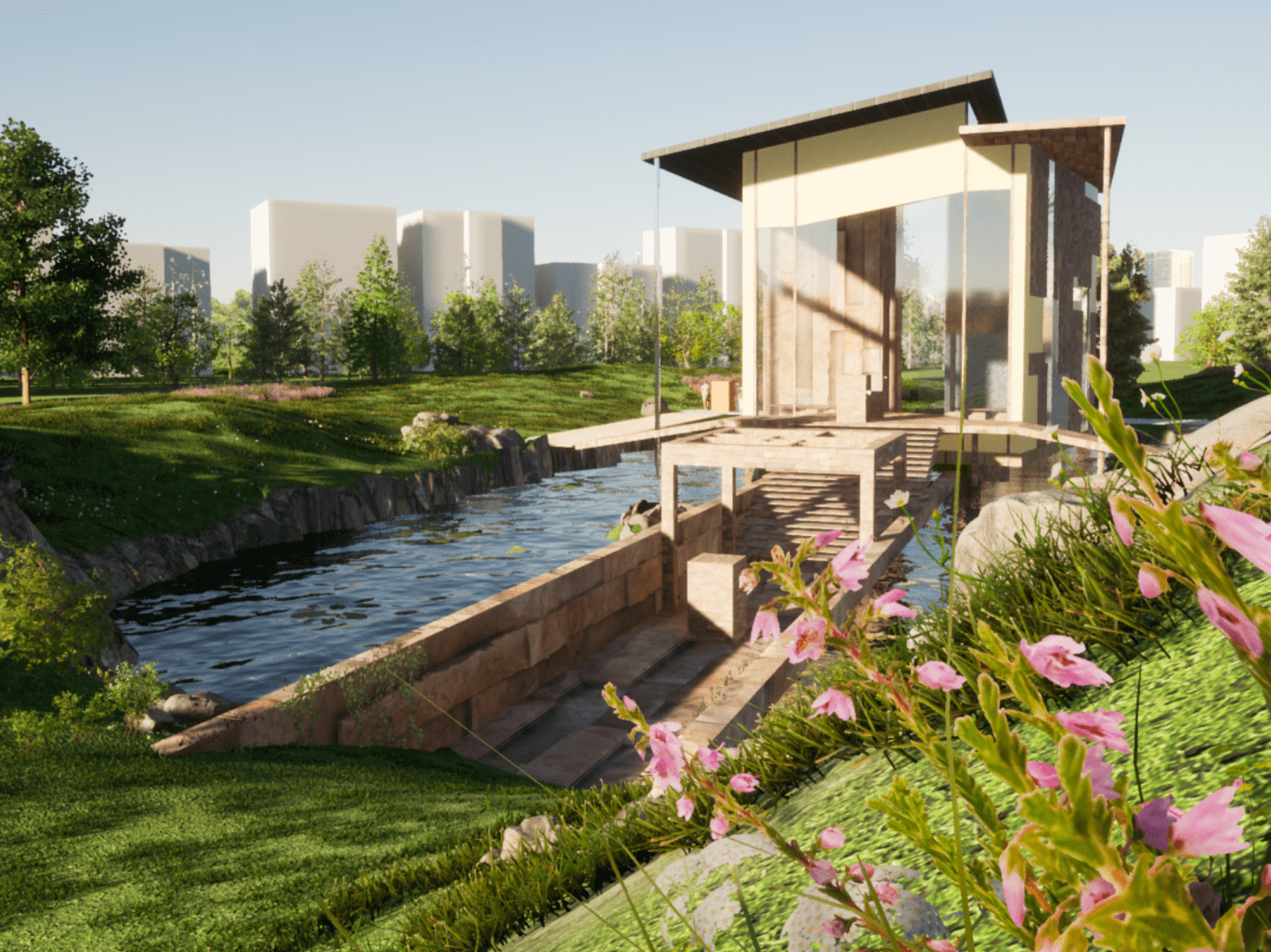 rendering of a modern pavilion during the day time. A pathway through the surrounding water feature is highlighted along with its large windows and nearby vegetation