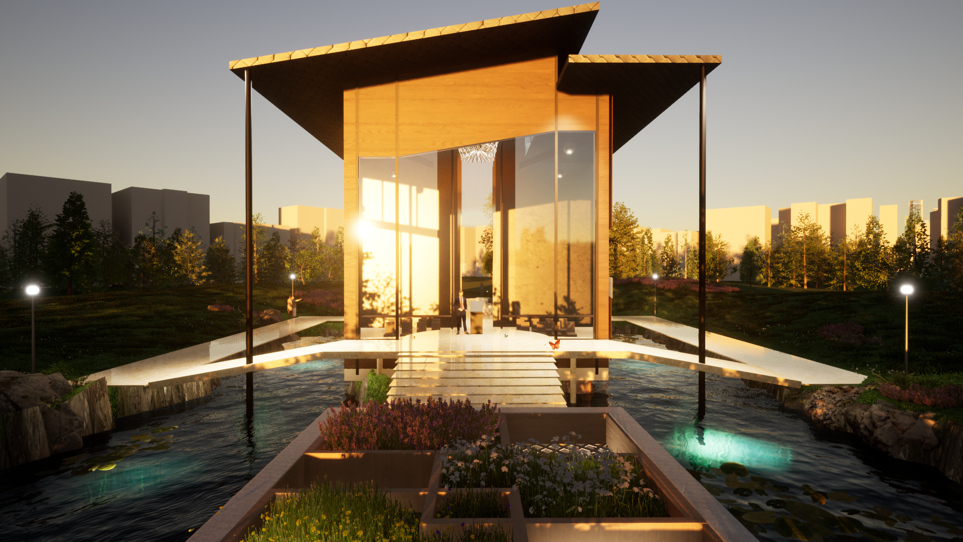 rendering of a modern pavilion building at sunset. It has large windows, a slanted roof, a rooftop garden, and water features