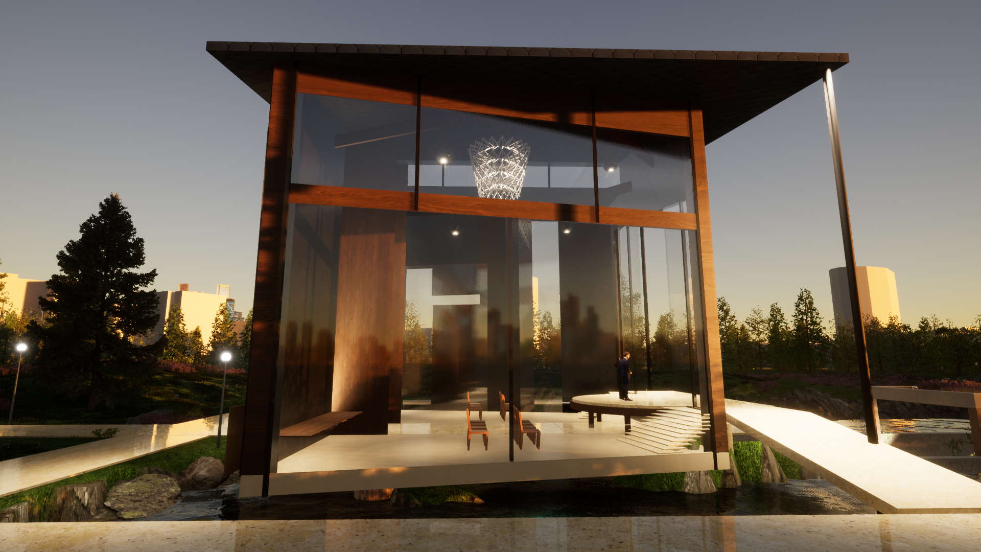 a final rendering of the finished model, let at dusk and showcasing the interior details and textures. Prominently displayed is a complex chandalier, elegant stairs, patio, and ceremony location, as well as wooden chairs for the audience members.