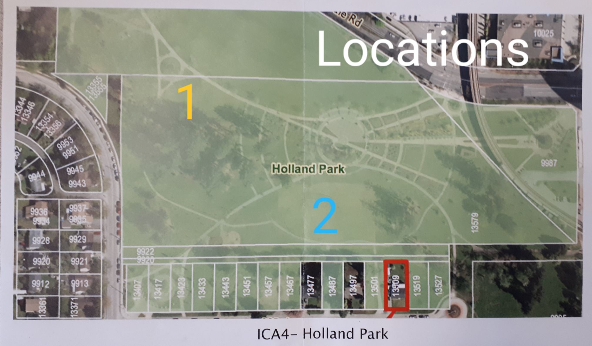 map view of the site visit in Holland Park, it donotes two potential locations for the pavilion to be built