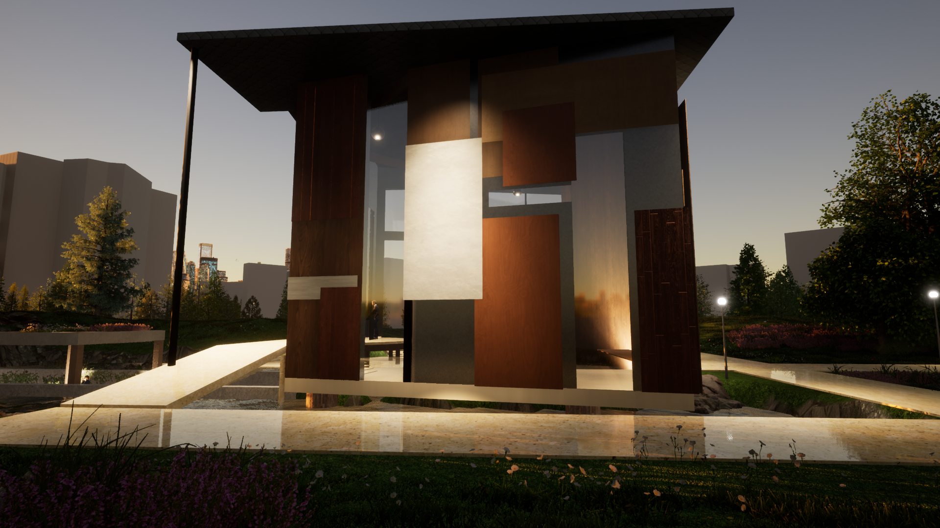 a final rendering of the finished model, lit at dusk and showcasing the different textures of the panels, some are wood, some glass, some concrete