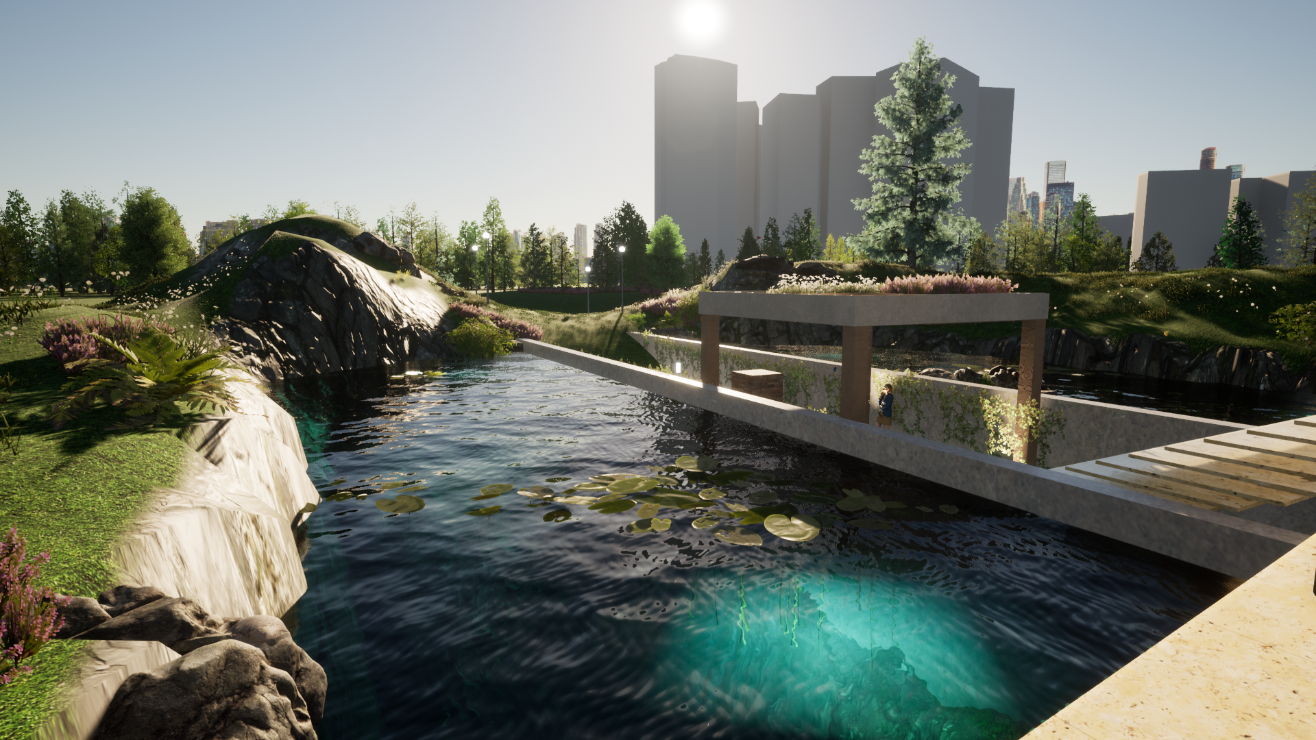 rendering of a modern pavilion at midday. The rear pathway through the water feature is highlighted. The surrounding vegetation and environmental features flow seamlessly into the pathway allowing for easy access from visitors.