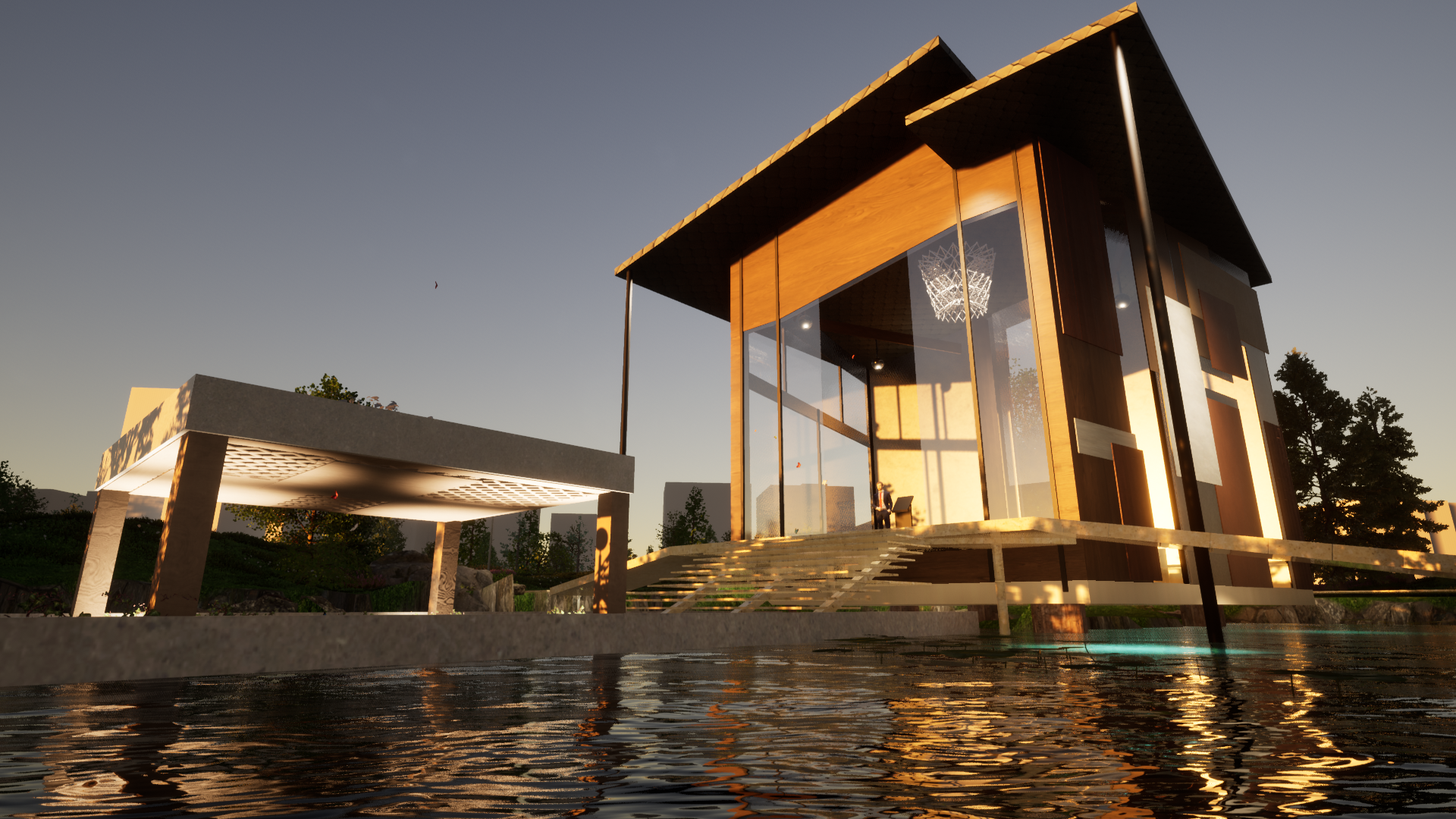 a low angle image of the rendering of a modern pavilion, this one captures the details of water's surface and warm reflected light of the sunset.