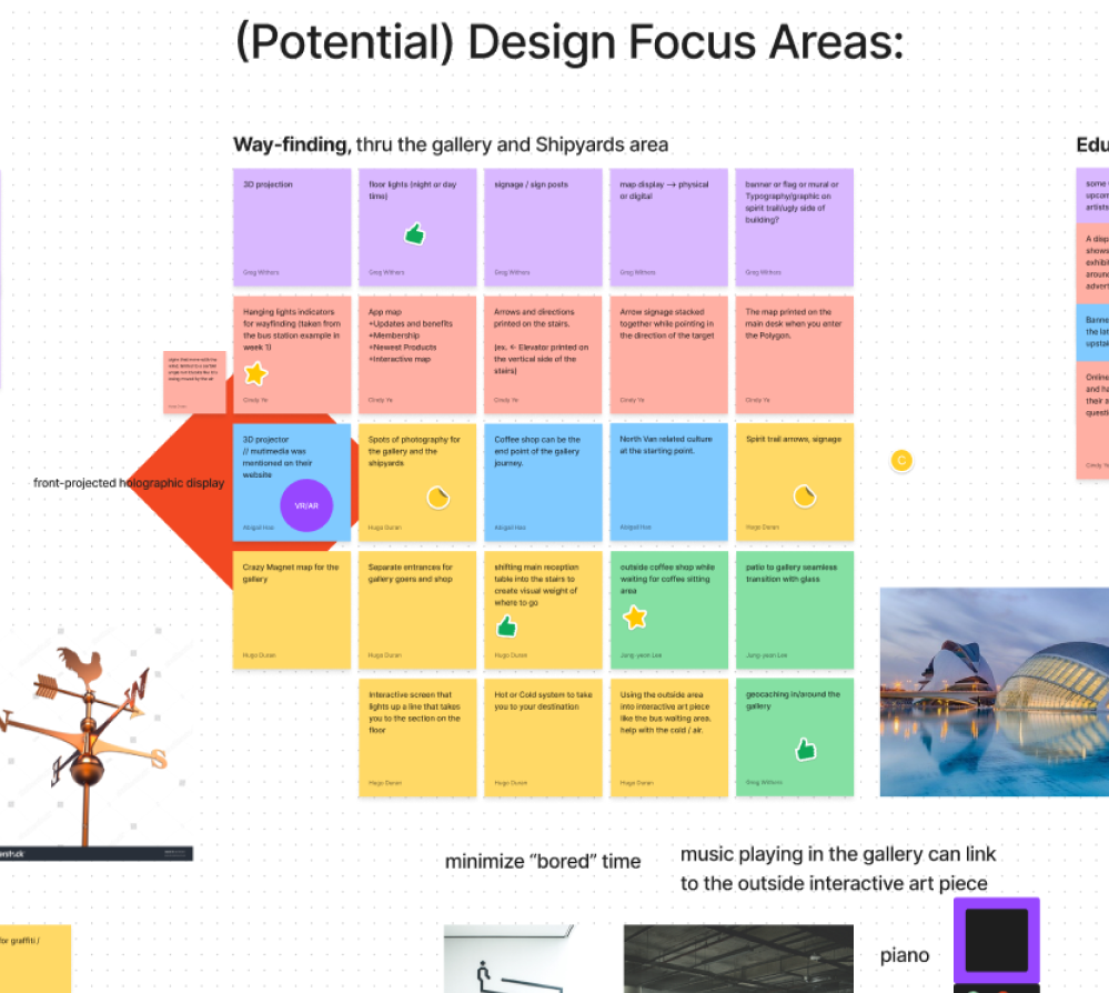 screenshot of the team brainstorming process using Figma, there are numerous sticky notes organized into different design focus areas, doodles, sketches, and reference imagery scattered around.