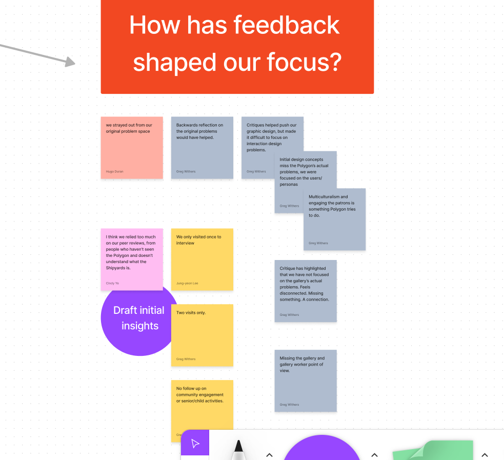 screenshot of the team activity to reframe our design focus. This activity documented how our thinking had evolved over time, noted with sticky notes and text boxes.