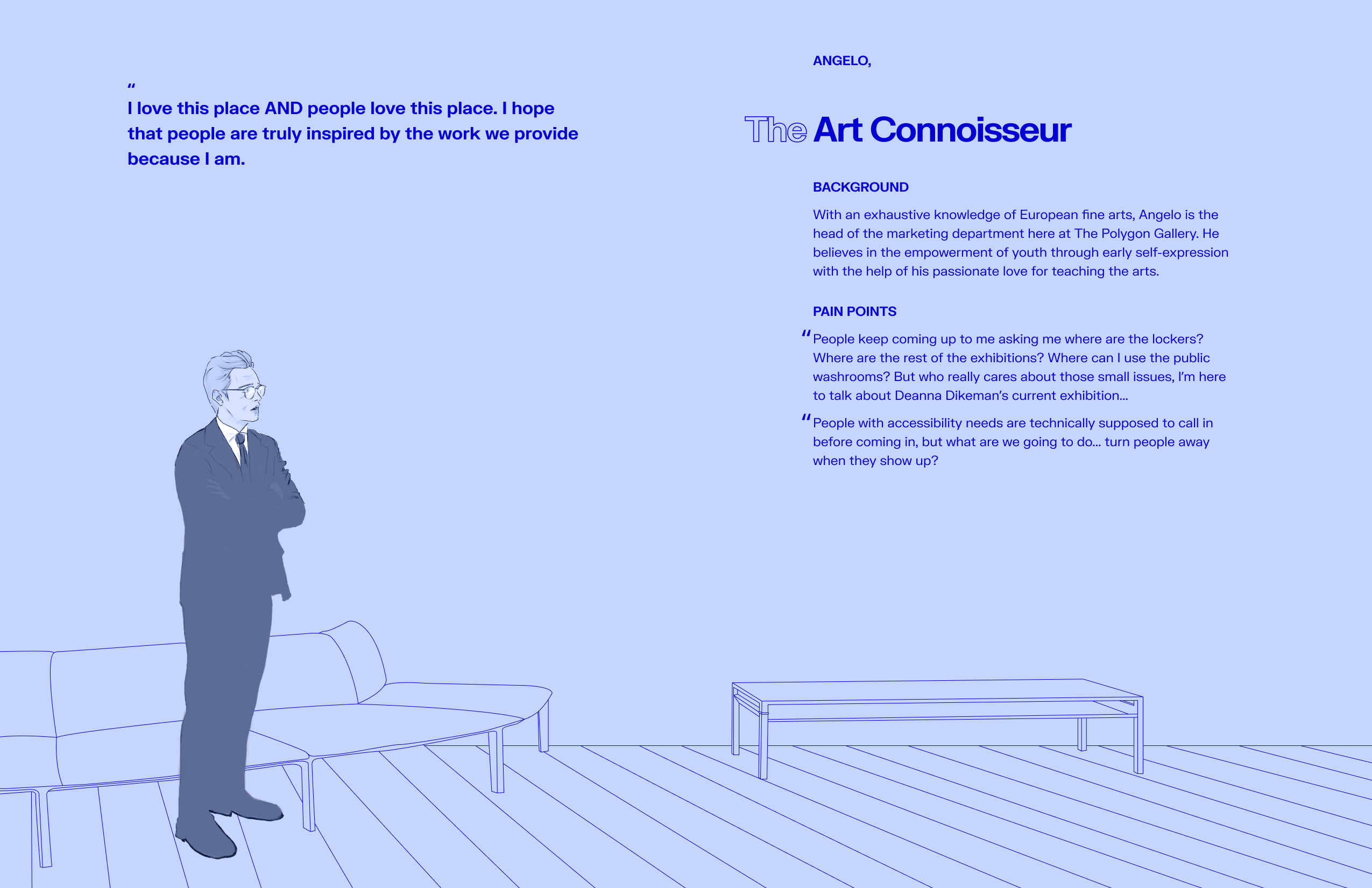 persona poster example showcasing one of our most influential personas. It is a blue themed line drawing of the interior of the polygon gallery with an older man wearing a suit and glasses standing in the corner.